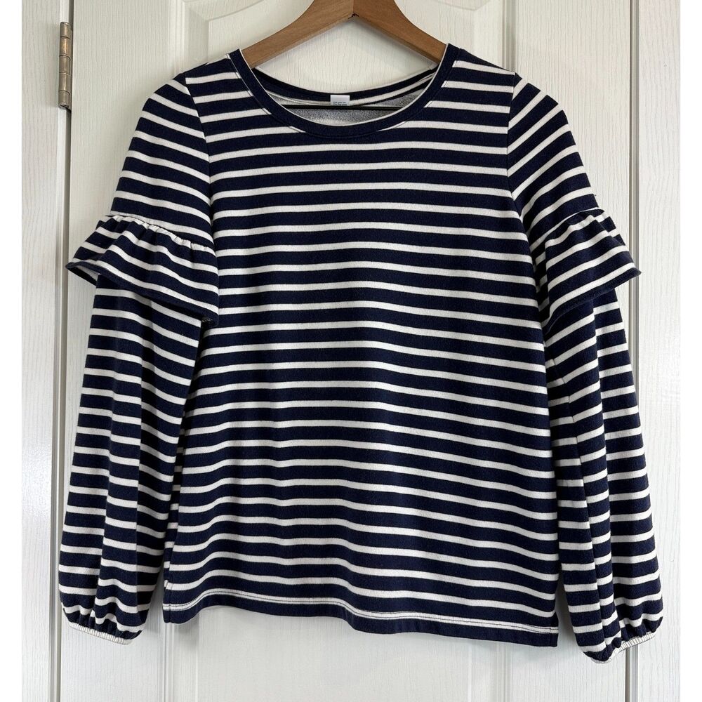 Old Navy Women's Ruffle Long Sleeve Top Navy Blue Cream Stripe Size S Small